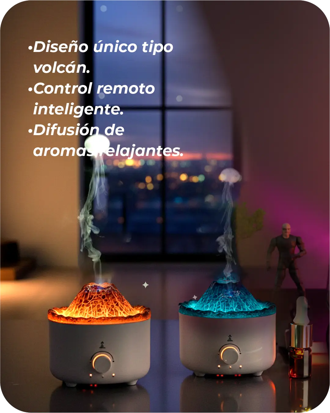 Humidificador de esencias volcán con control remoto y difusión de aromas en un diseño tipo volcán.