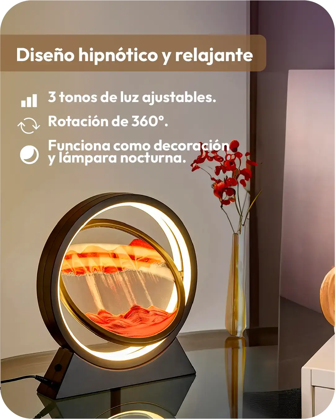 Lámpara de arena recargables 3D con diseño hipnótico, luz ajustable y rotación de 360°, ideal como decoración.
