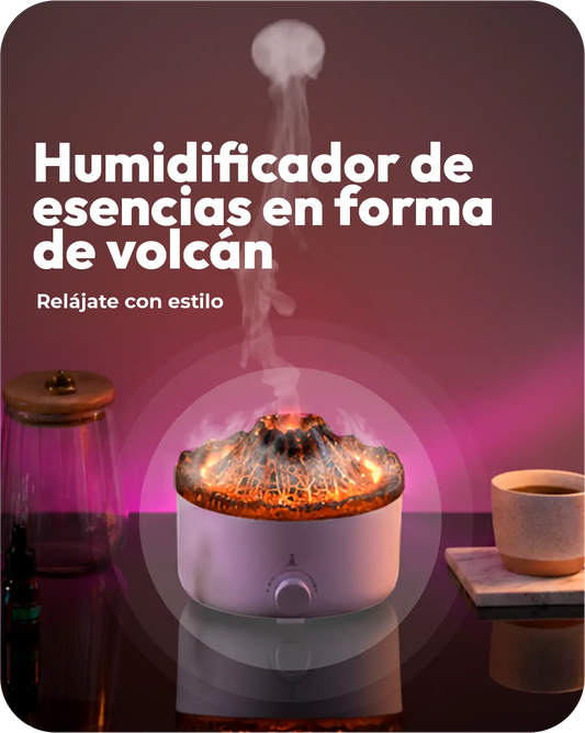 Humidificador de esencias volcán en una mesa con luz suave y vapores, ideal para aromaterapia y relajación.