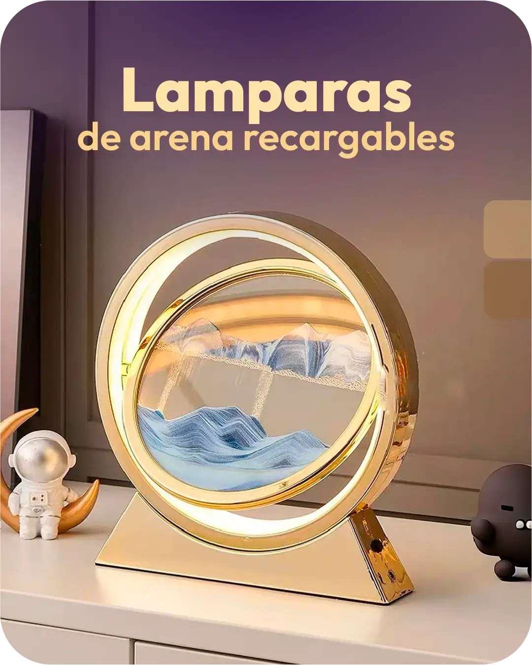 Lámpara de Arena recargables 3D mostrando paisajes hipnóticos en un elegante diseño moderno.