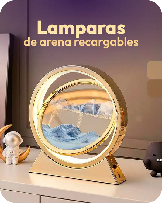 Lámpara de Arena recargables 3D mostrando paisajes hipnóticos en un elegante diseño moderno.