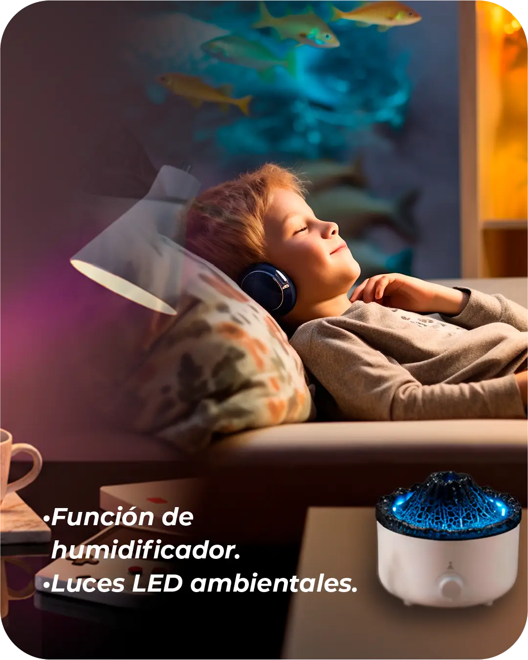 Humidificador de esencias volcán con luces LED, ideal para un ambiente relajante y de calidad en el hogar.