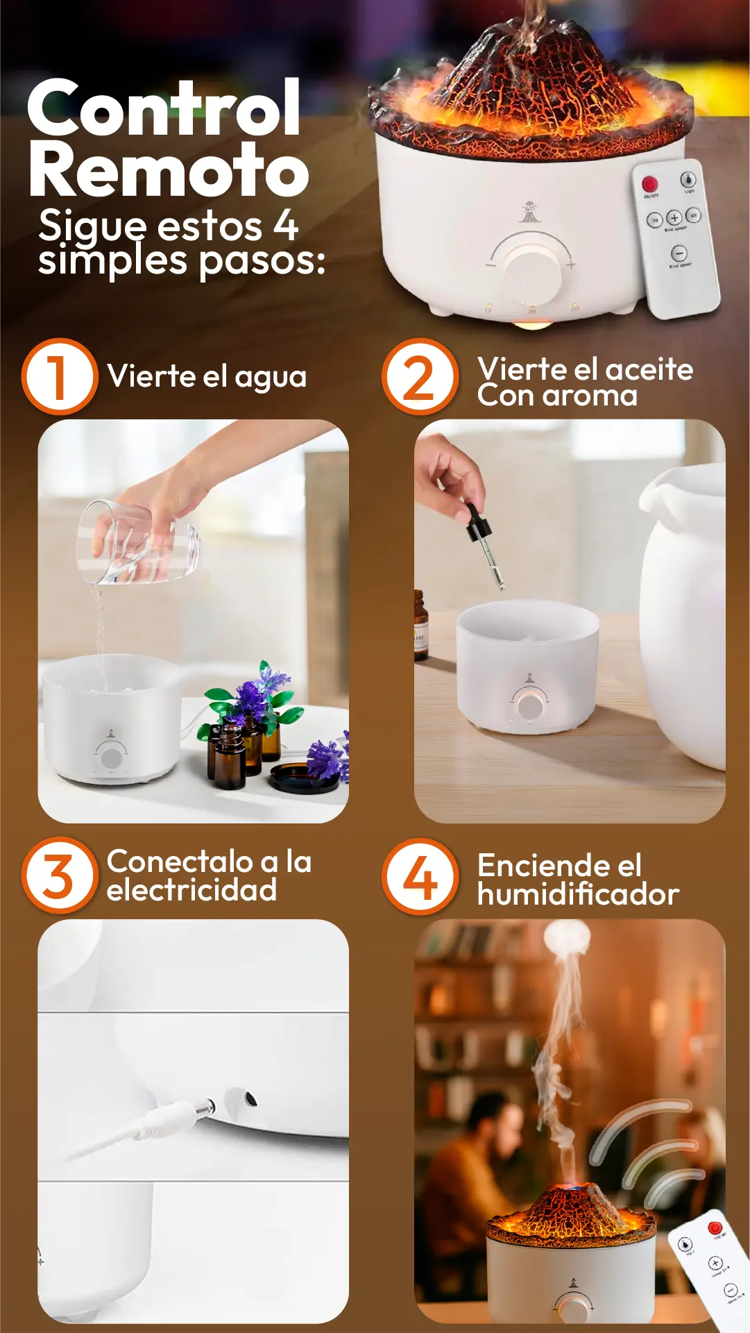 Humidificador de esencias volcán con control remoto y función de niebla, ilustrando el uso en tres pasos.