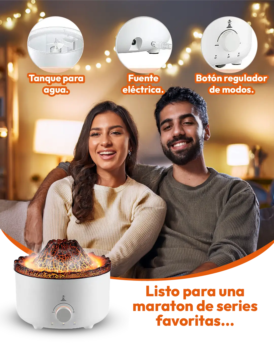 Humidificador de esencias volcán en uso con pareja en ambiente acogedor y resaltando sus características.