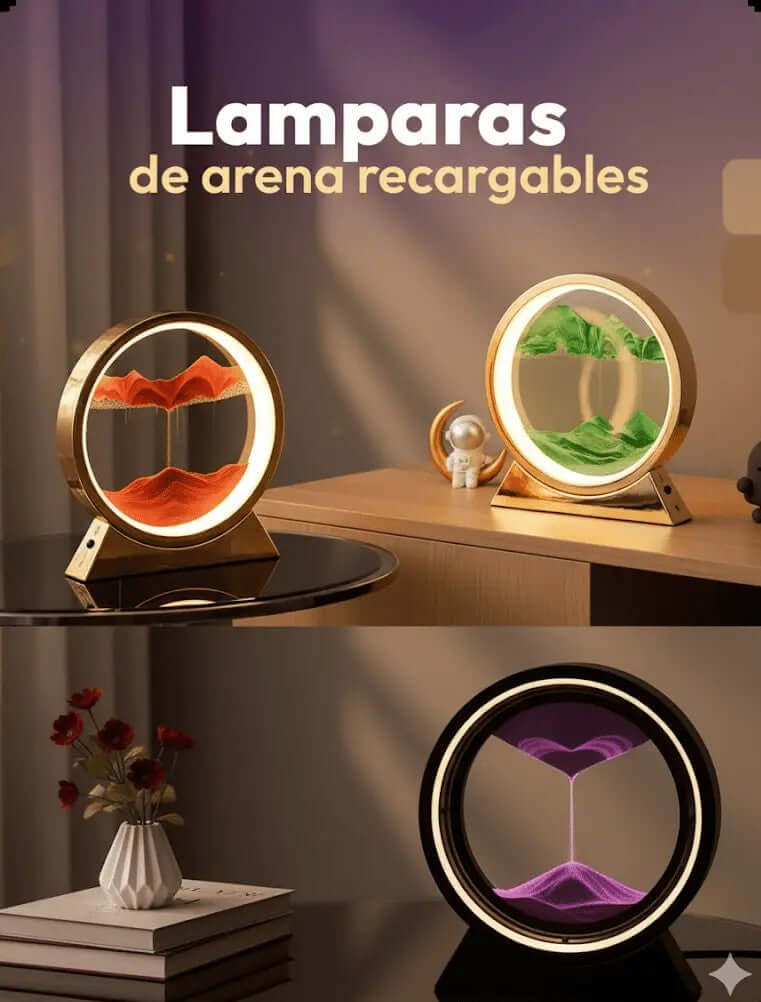 Lámparas de arena recargables mostrando paisajes hipnóticos en colores vibrantes, decorativas y funcionales.